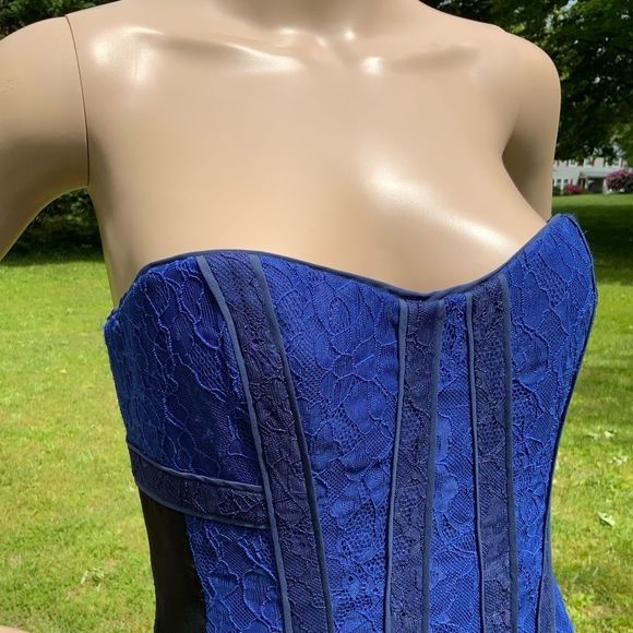 NWT $338 BCBGMAXAZRIA | Galia |  Strapless Fringe Hem Lace Corset Dress in Blue - Picture 4 of 16